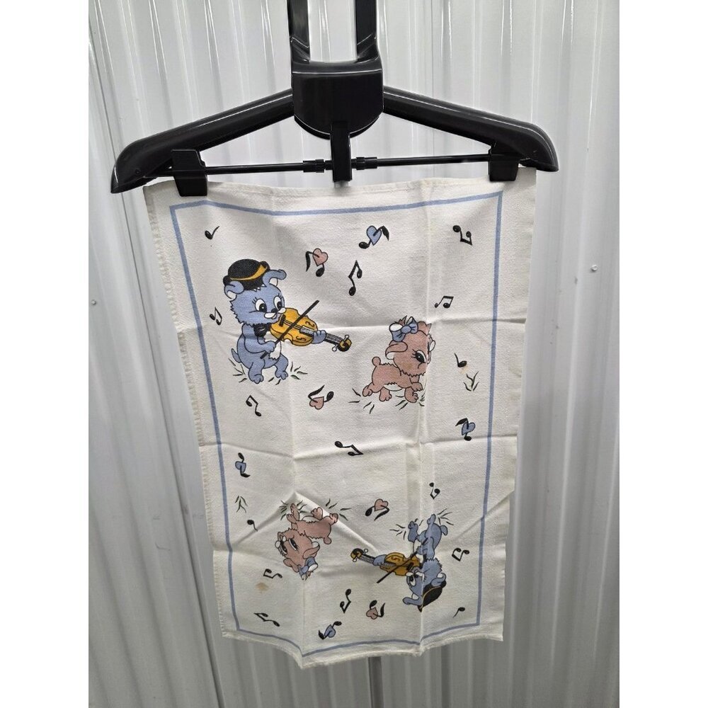 Vintage 1950s Musical Cartoon Animal Tea Towel Retro Kitchen Linen Bear Pig